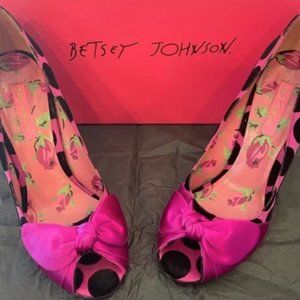 Betsy Johnson Pink and Black Velvet Polka Dot Peep Toe Wedge Heels